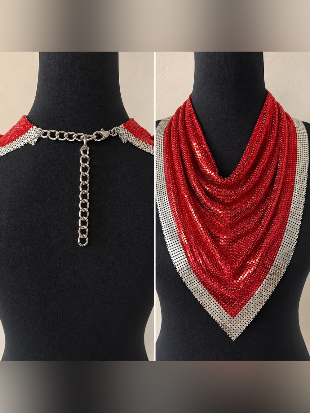 Magnificent Vtg Chainmail Mesh Bib Collar Necklace in Red with Silver Trim
